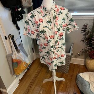 J. Crew White Short-Sleeve Button-Down Shirt with Pink Flamingos and Green Palms
